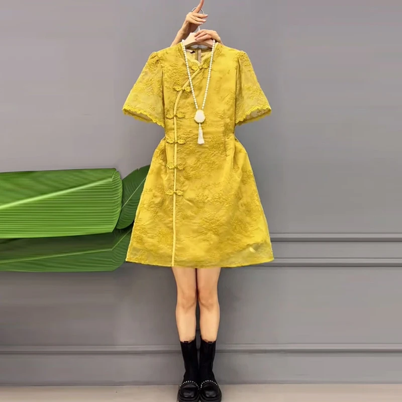 新款爆款正品大码女装立领盘扣暗花旗袍裙胖MM韩版夏季款法式复古