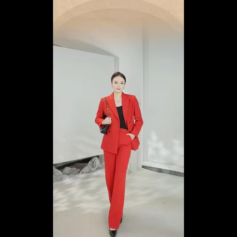 高级感红色西装套装女年会主持人正装阔腿裤西服两件套职业装正装