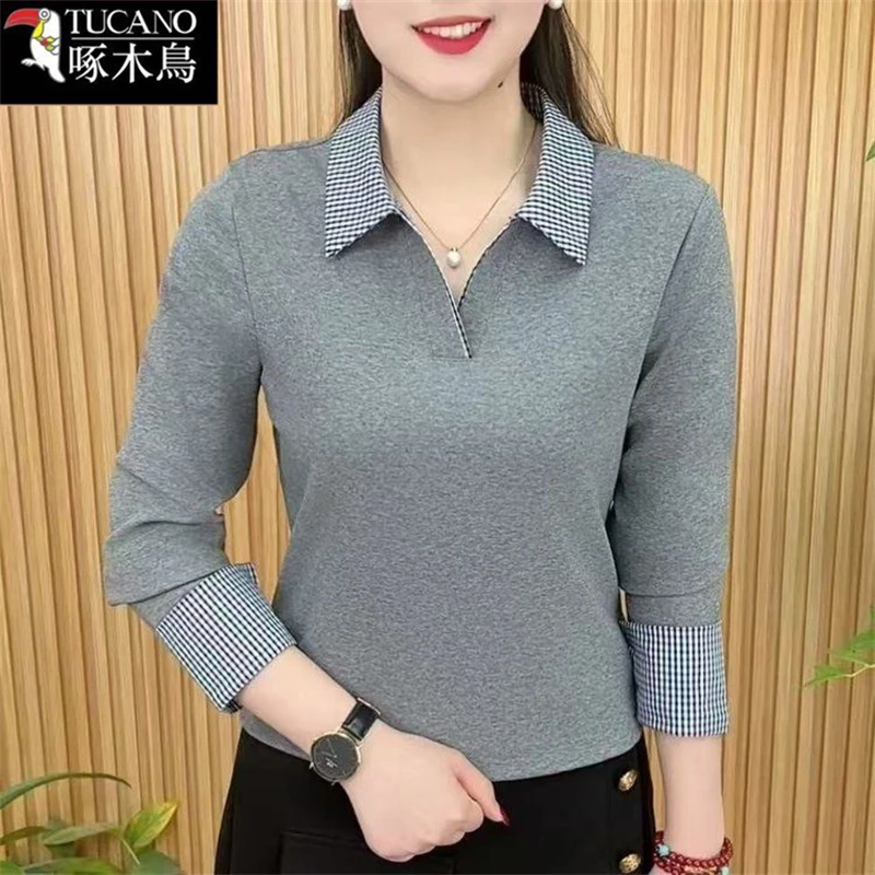 啄木鸟正品撞色中老年减龄女装T恤2025新款显瘦时尚春秋薄款上衣