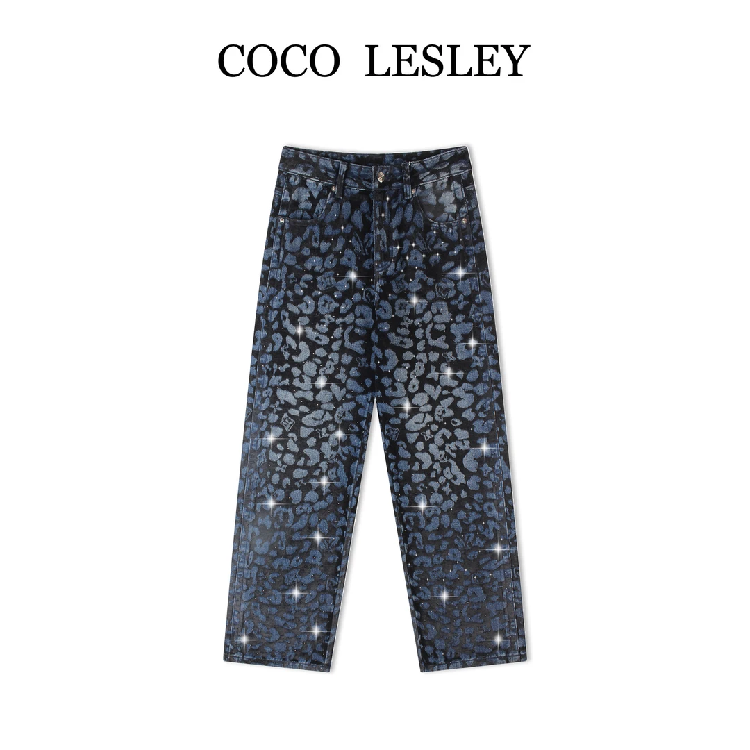 【COCO LESLEY】   “星光闪钻”豹纹雪尼尔提花女款阔腿牛仔裤LW5895