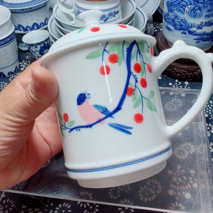 青花玲珑办公杯花鸟