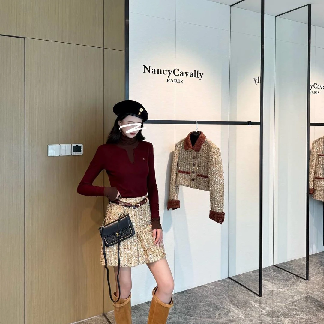 NancyCavally专柜款美丽诺羊毛/兰精天丝 叠穿假两件高领针织打底