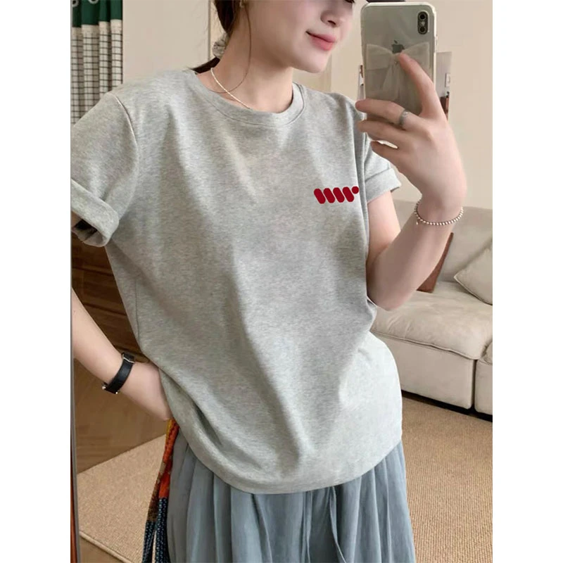 2025新款浅花灰色短袖t恤女时尚百搭深灰色上衣薄款打底衫夏季潮