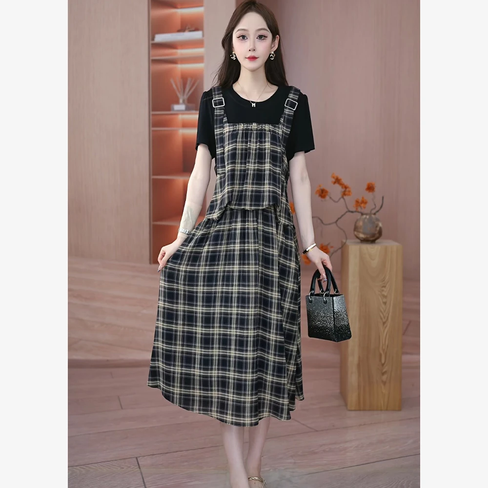 2025夏季新款时尚气质遮肉显瘦设计感中长款假两件连衣裙M-4XL