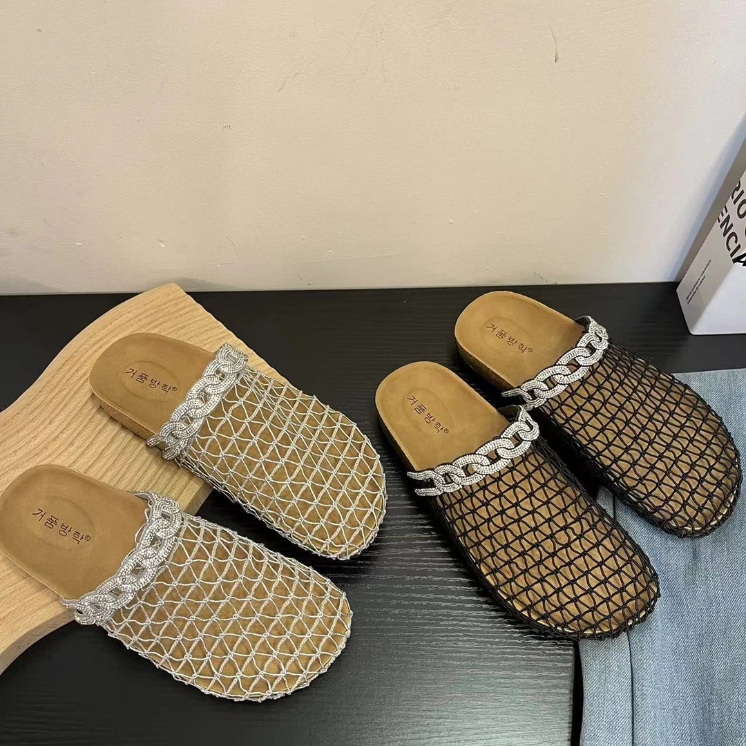 新款带水钻装饰镂空森系水钻包头拖少女风包头拖时尚休闲夏季网红