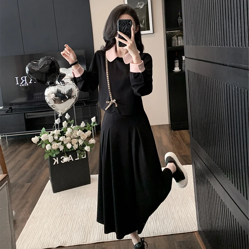 减龄穿搭一整套显瘦气质娃娃领上衣遮跨半身裙连衣裙两件套装女秋