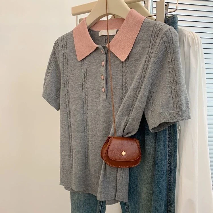 【80-180斤】Polo领撞色麻花设计感冰丝短袖女宽松显瘦洋气正肩上衣