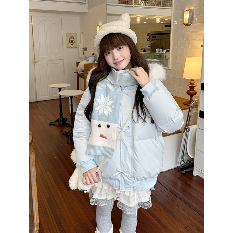 蓝色大毛领连帽棉服外套女秋冬2025新款美式加厚保暖短款棉衣棉袄