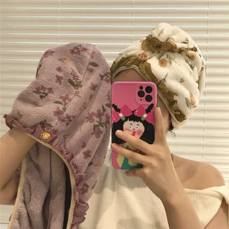 碎花蕾丝珊瑚绒干发帽吸水速干发巾成人学生女洗澡擦头发浴帽X