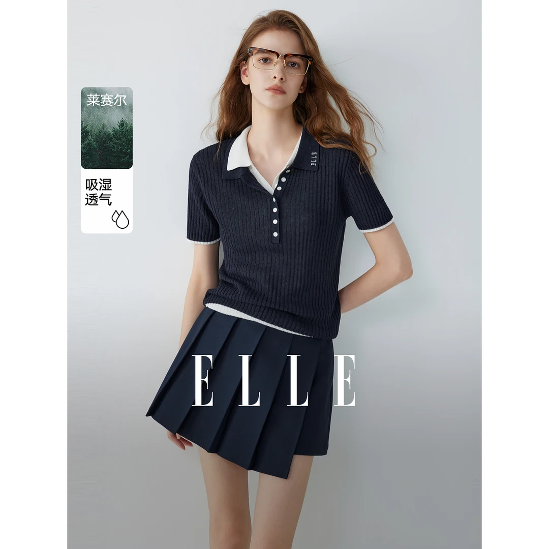 ELLE学院风肌理感针织短袖女2025秋季新款设计感撞色上衣EZ52270