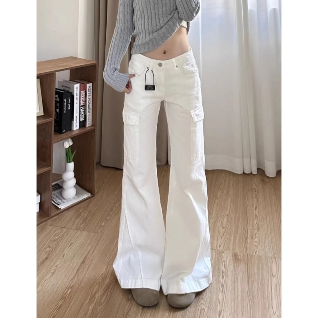 美式高街白色辣妹微喇工装牛仔裤女小众设计口袋阔腿裤拖地长裤