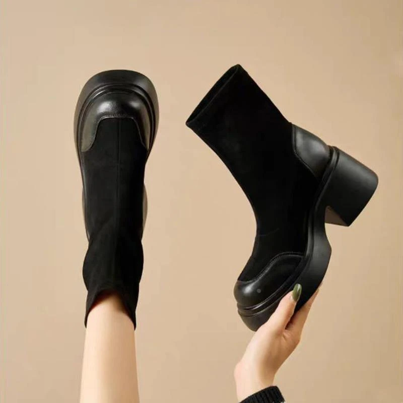 马丁靴女高跟小个子2025秋季新款厚底短靴子粗跟弹力靴增高瘦瘦靴