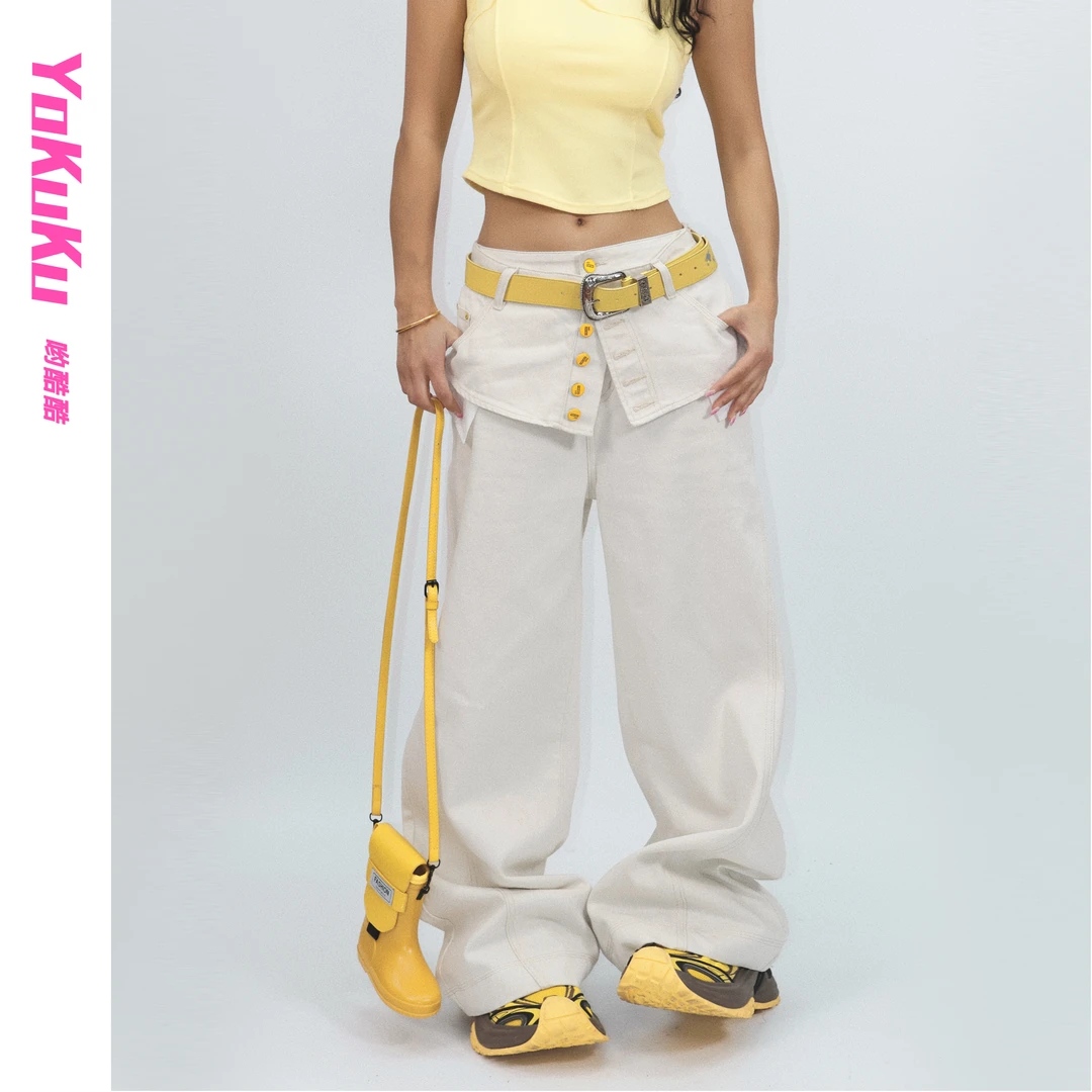 哟酷酷（复式人生）美式复高街百搭拖地屁帘假两件牛仔裤春款直筒裤