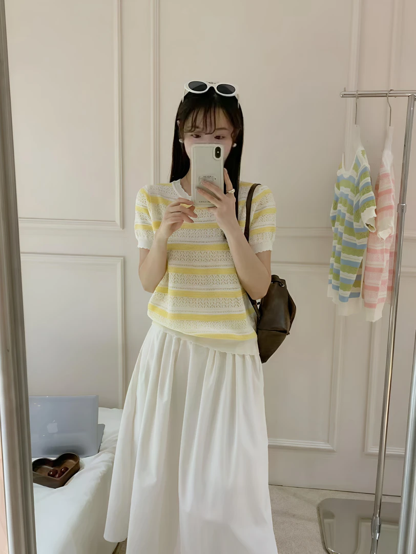 短袖撞色条纹短款时尚女夏季套头针织衫圆领针织衫薄款气质显瘦