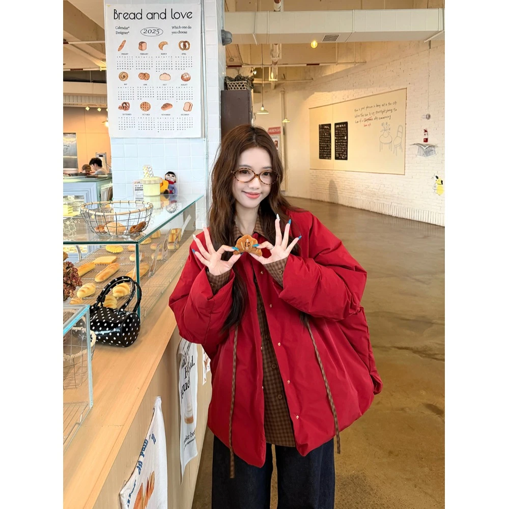 圣诞新年氛围感红色蓬蓬保暖棉服短外套+系带宽松格纹衬衫套装女