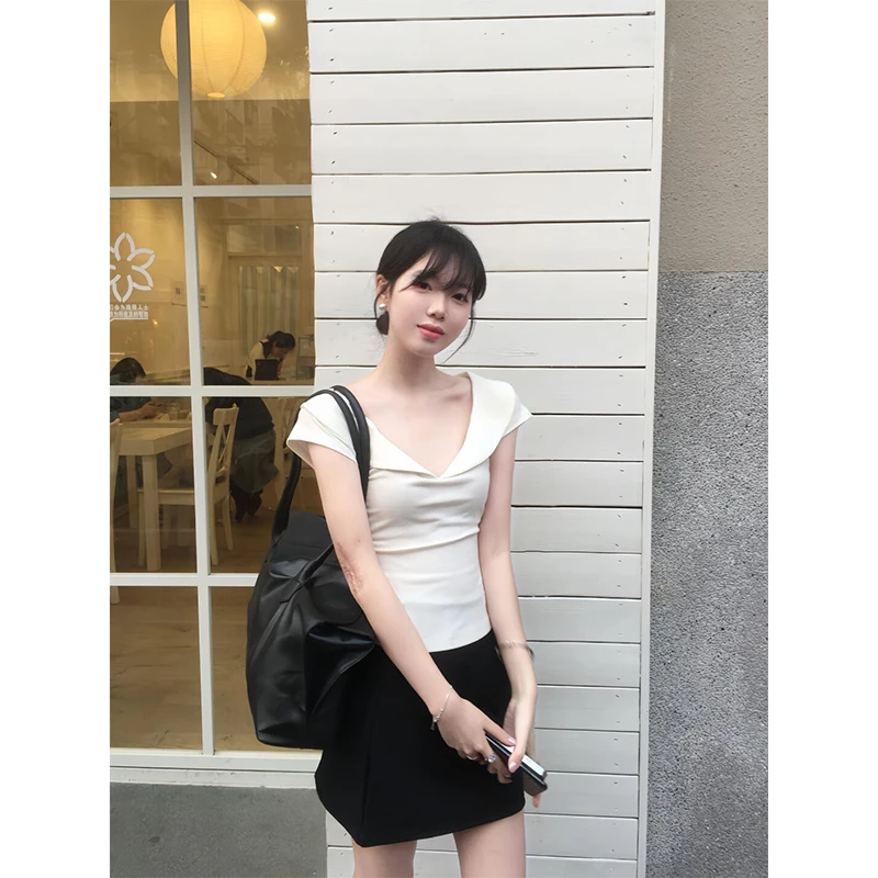 2025夏短袖女t恤显瘦针织百搭纯色上衣半身裙半裙五分短裙子套装