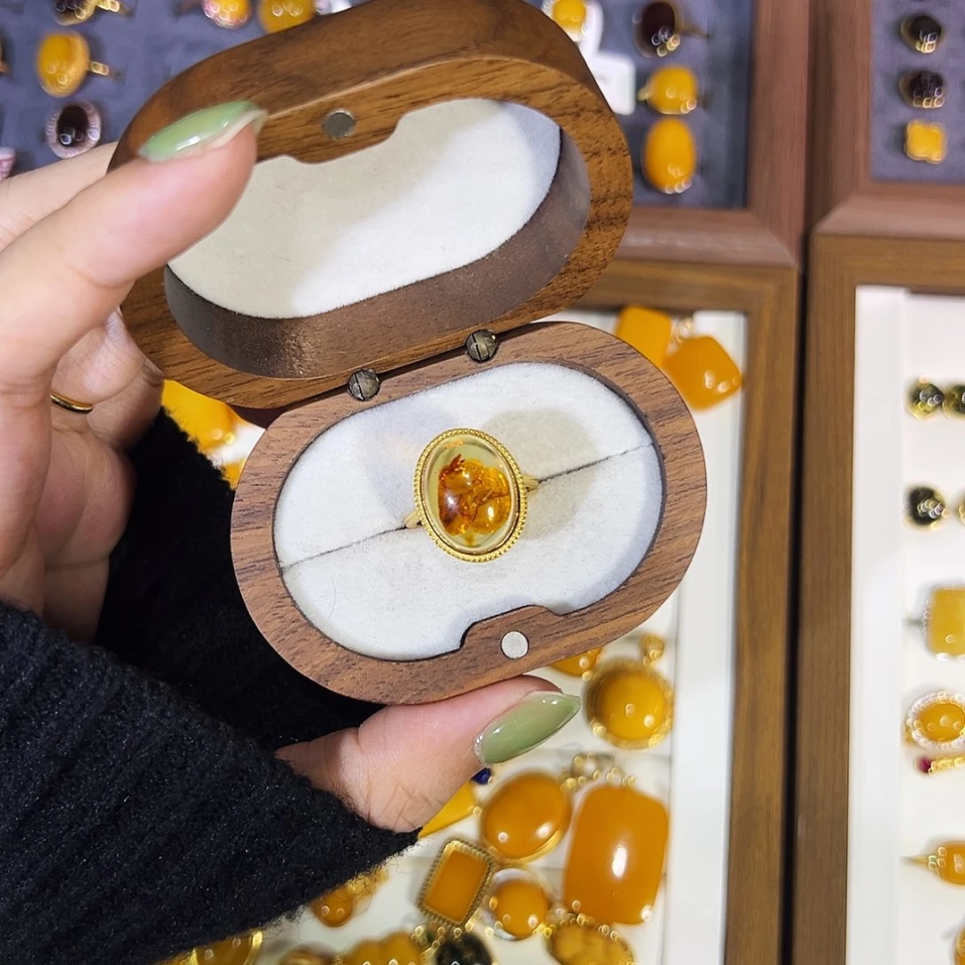 琥珀银S925镀金镶嵌戒指琥珀戒指