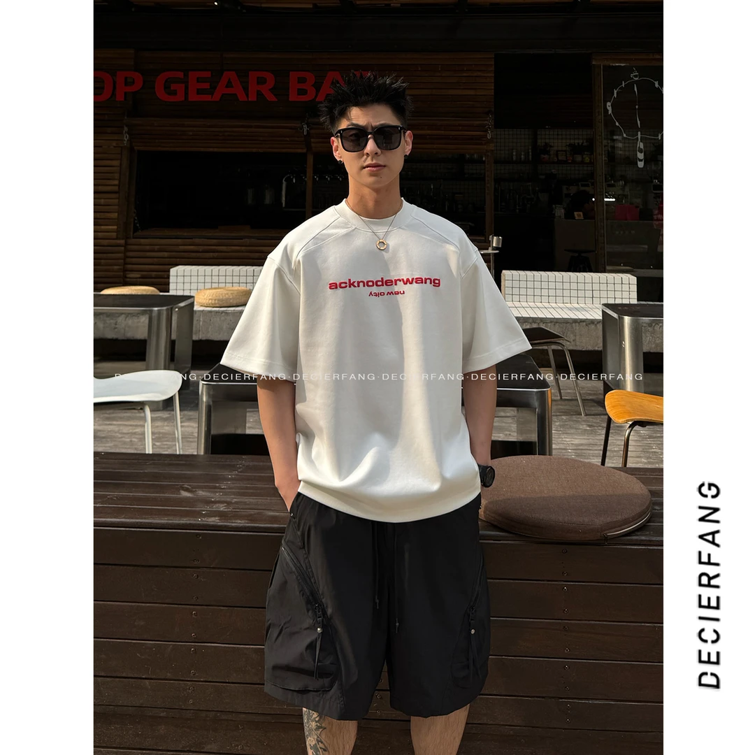 DF25ss夏新重磅oversize宽松落肩半袖男圆领短袖t恤印花字母男装