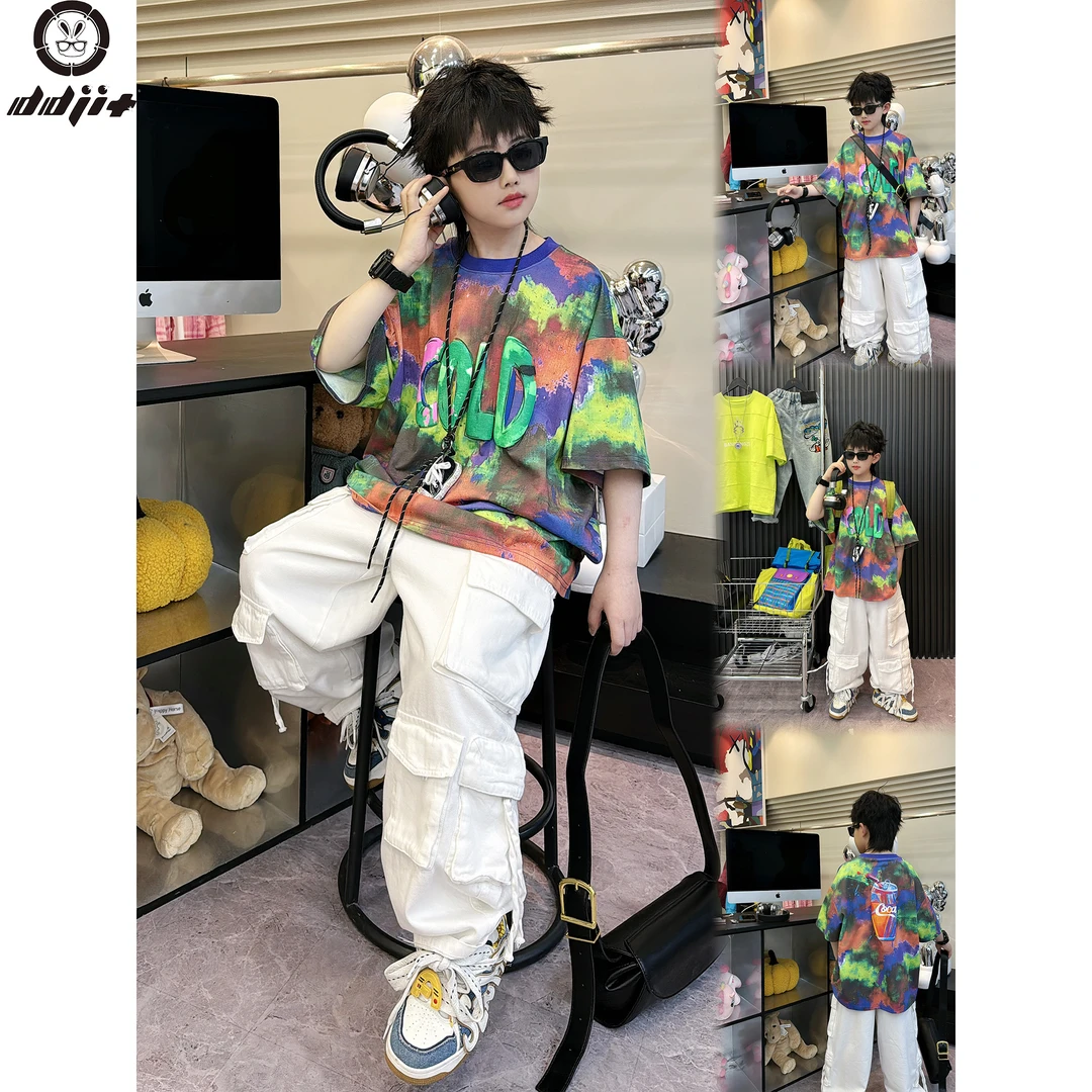 蛋蛋家【抽象油画】夏款时尚街头男童绿色立体字母油画风短袖T恤