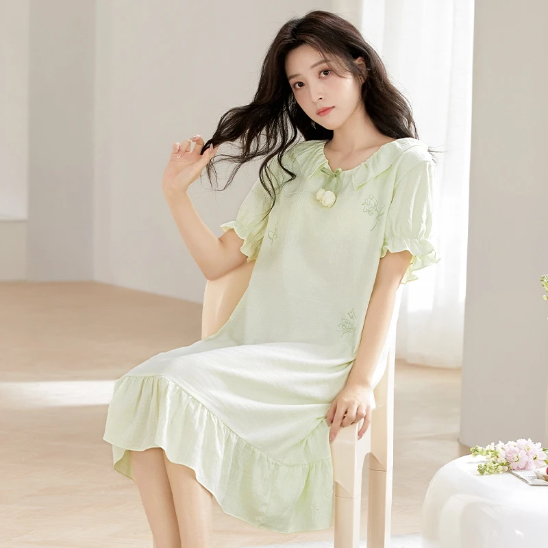 新款睡衣裙女生夏季短袖大学生带胸垫中长裙云朵棉家居套装外出裙