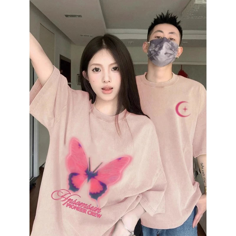 2025夏季超好看情侣装同色系卡通短袖夏季潮牌小众高级感女装短袖