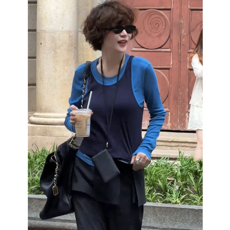 欧洲站2025秋季新款洋气百搭休闲显瘦时尚圆领长袖纯色T恤两件套