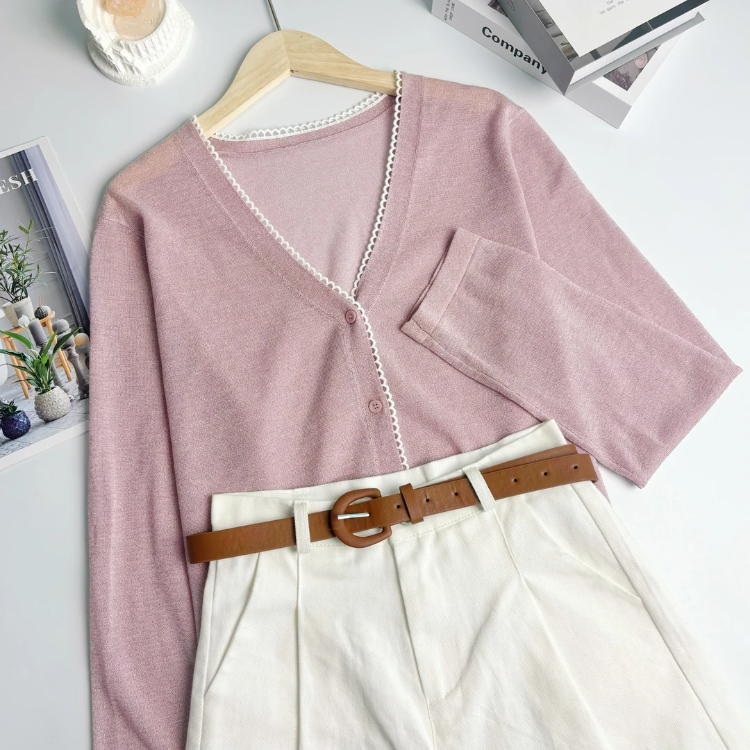 玲姐定制-V领拼色花边薄款微透防晒宽松外套针织开衫137521