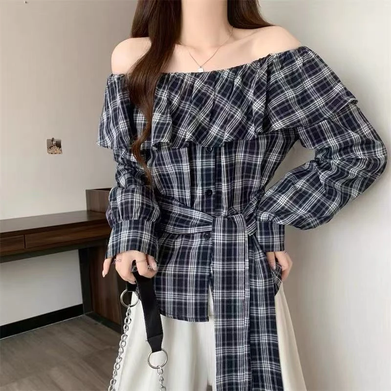 【仓内仓外】气质慵懒一字领收腰绑带甜辣衬衫薄款高腰长袖韩版格子