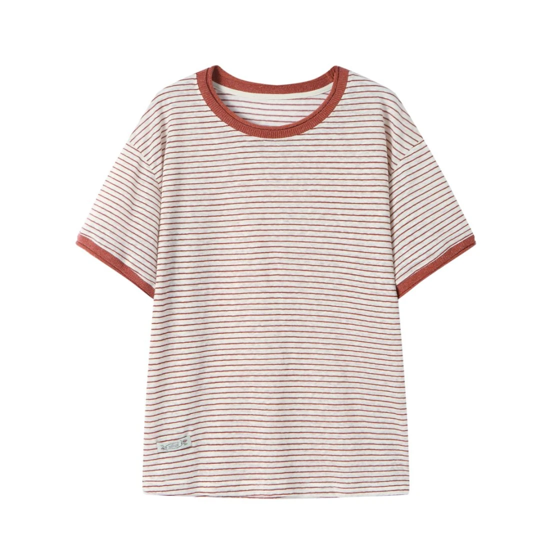 【REREK】新品25春夏复古肌理感条纹圆领短袖T恤