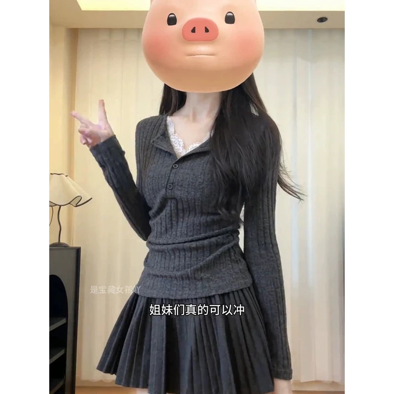 深灰色假两件蕾丝长袖针织衫早秋东季设计感修身显瘦设计感上衣