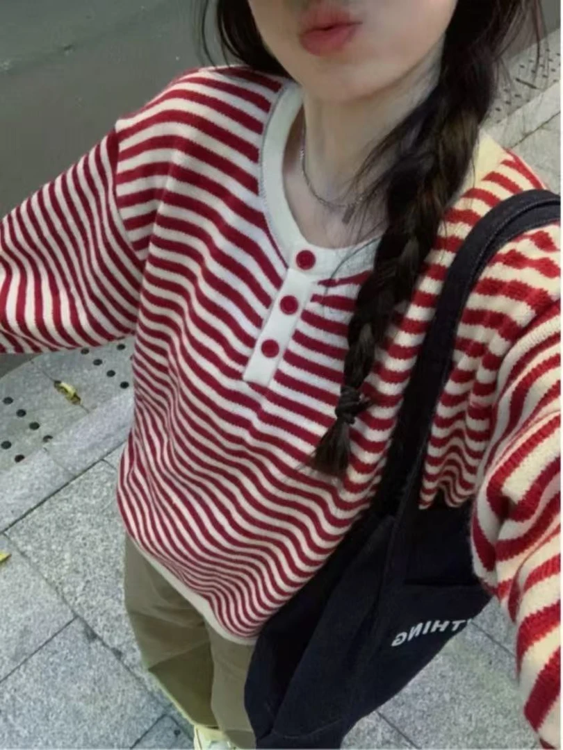 韩系设计感撞色圆领针织衫女早秋2025新款小众学院风宽松显瘦上衣