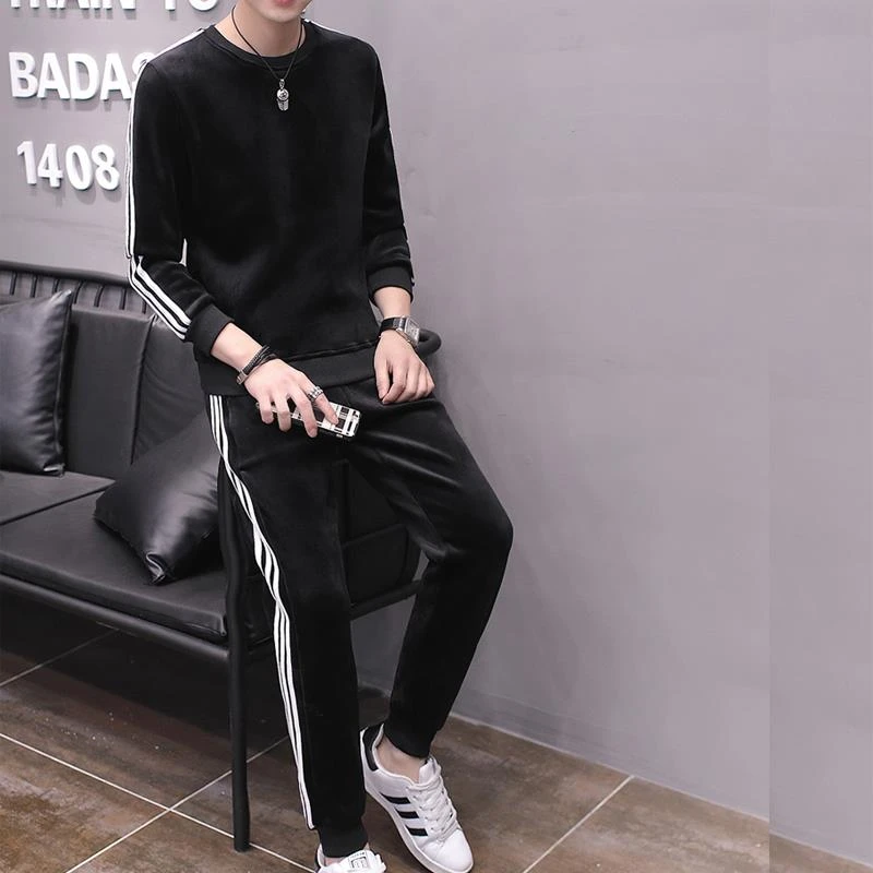 【TQUX官方正品】男士金丝绒套装春秋冬季双面加绒厚休闲运动男装