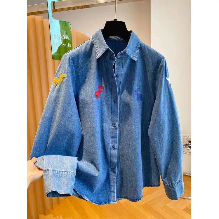 【小麋鹿】设计感麋鹿刺绣衬衫慵懒风叠穿衬衣外套.Y8560