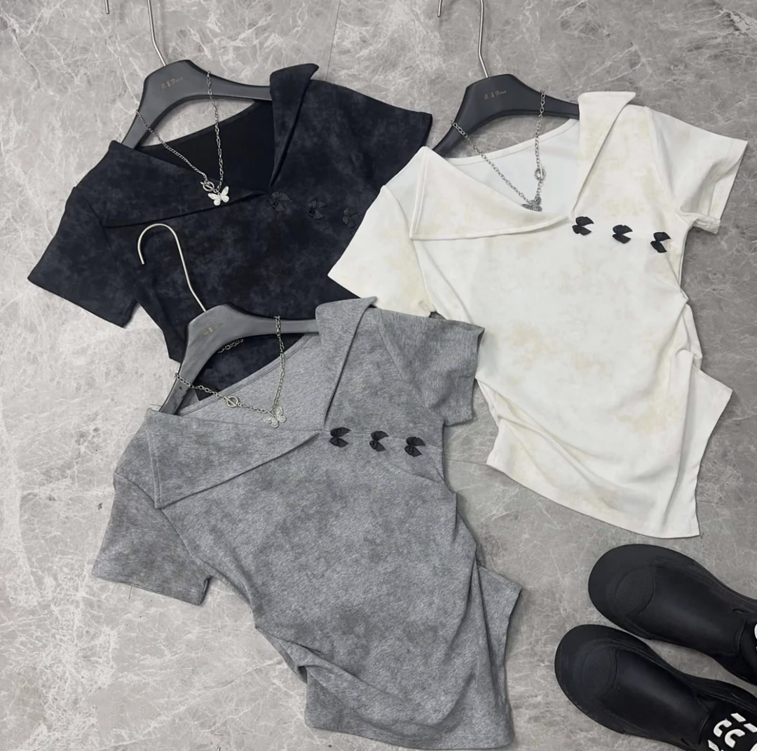 夏季新款扎染韩版上衣女修身显瘦高级设计感正肩短袖olT恤上衣