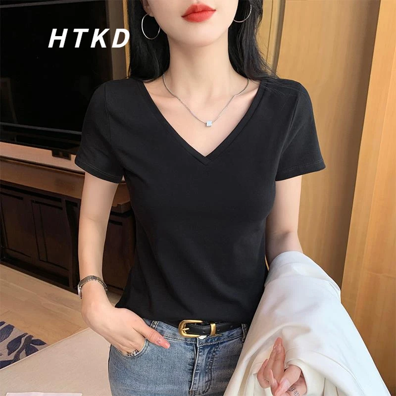 HTKD黑色短袖T恤女2025新款夏季V领修身打底低领半袖体恤显瘦正肩