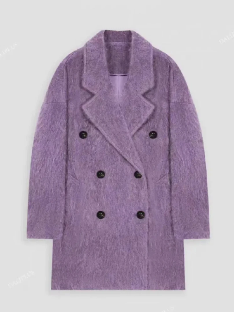 100山羊绒小短款时尚休闲女士毛呢中长款紫色秋冬双排扣YRL802