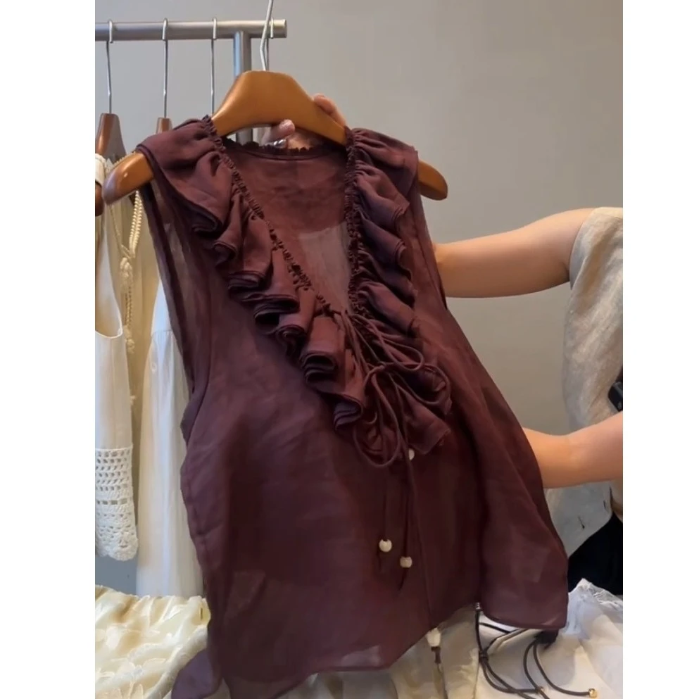 法式小资上衣女夏气质轻奢高级设计感独特漂亮紫色V领荷叶边衬衫