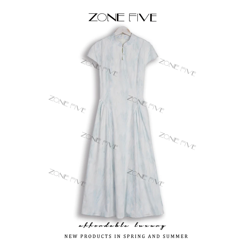zonefive新中式夏季新款方领晕染系时尚显瘦温柔连衣裙125
