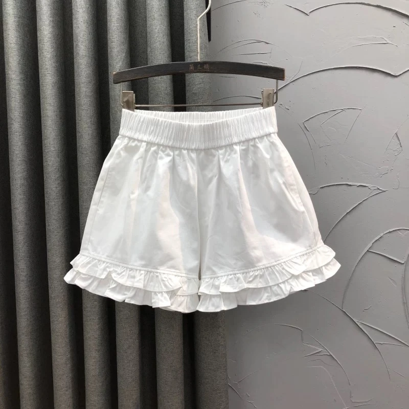 白色韩系甜美风木耳边休闲短裤花苞裤高腰显瘦遮肉夏a字阔腿外穿