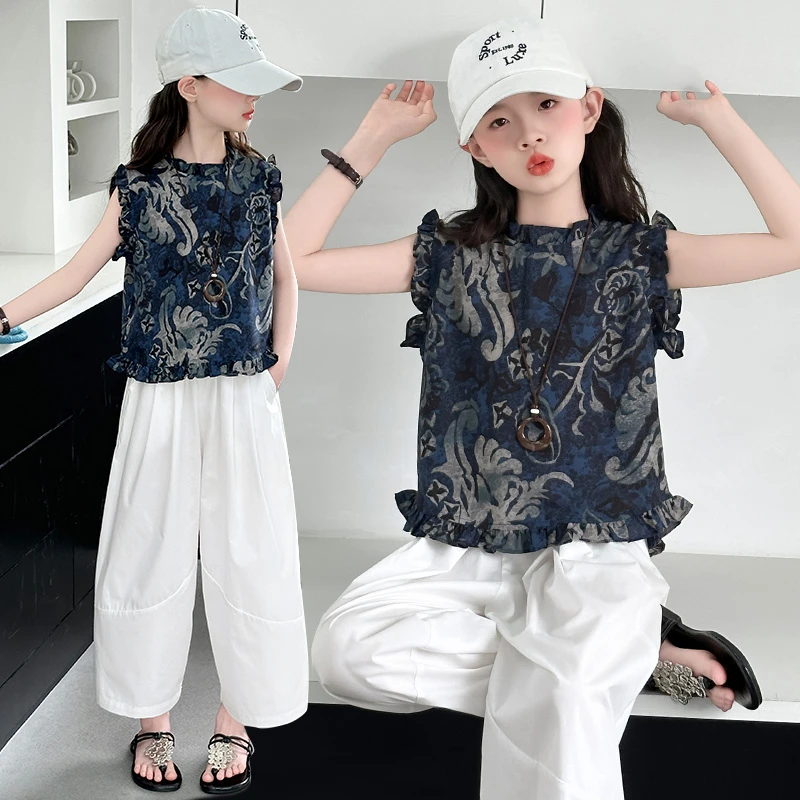 女童木耳边长裤套装休闲时尚6-12岁中大童无袖阔腿裤两件套薄款潮