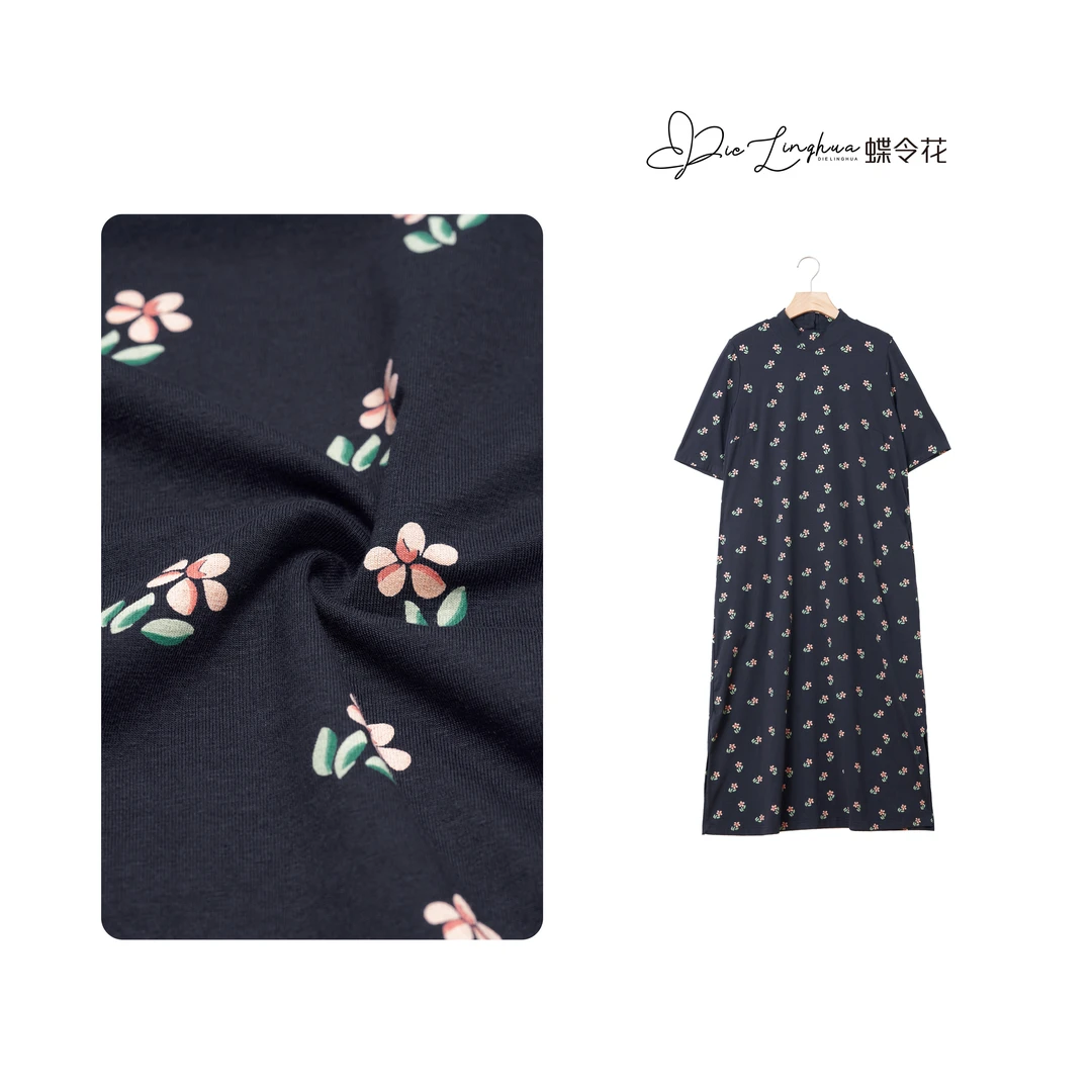 蝶令花夏季半高领柔软舒适长款短袖连衣裙DX-23116