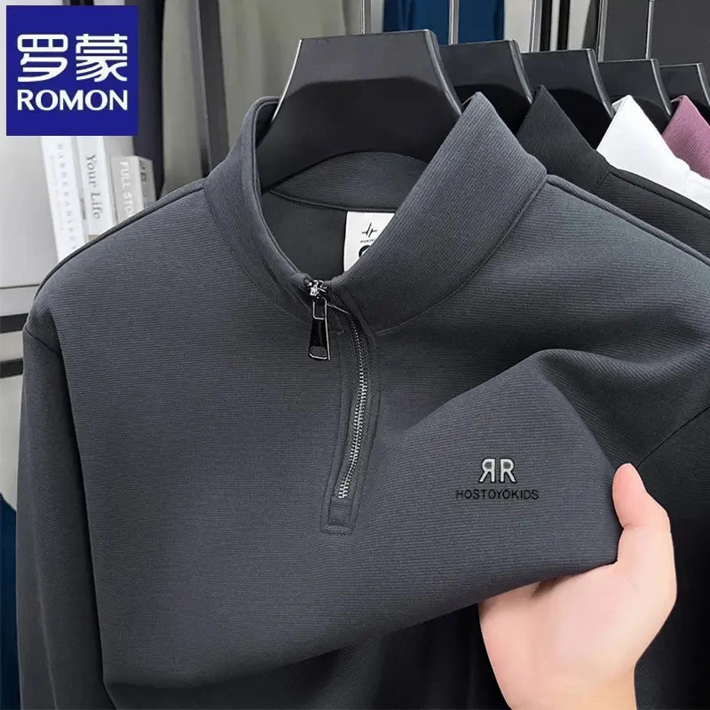 罗蒙纯色休闲半拉链立领长袖卫衣秋冬季户外百搭男士套头打底衫潮