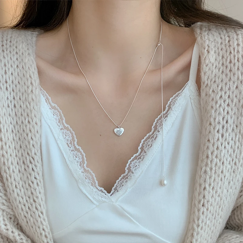 坠链均925银 925纯银爱心纹理珍珠链条流苏项链女简约抽拉式可