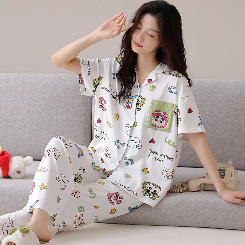 睡衣女春夏100%纯棉开衫翻领短袖蜡笔小新甜美长裤学生家居服套装