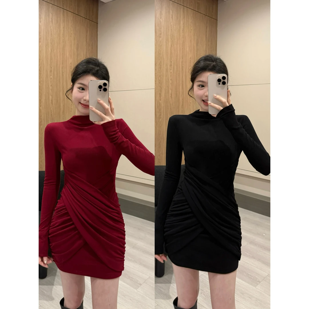 【颂宋】春节新款双层交叉褶皱遮肉显瘦修身气质长袖包臀裙DT1101