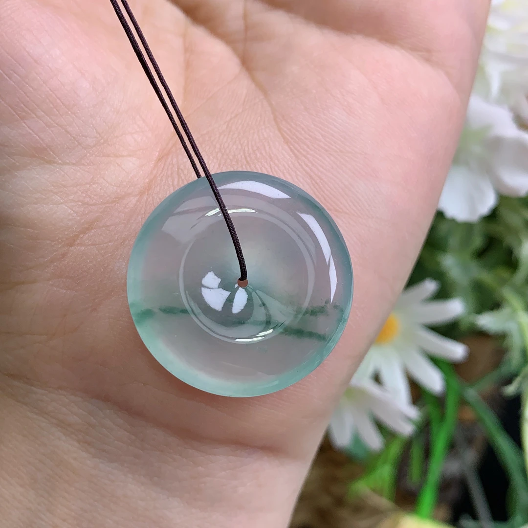 缅甸天然翡翠A货玉石高冰起钢飘花平安扣吊坠黄尺寸25.7/5.8mm