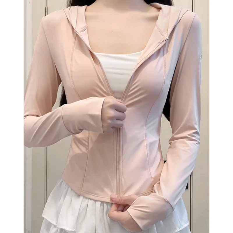 聚酯纤维粉色冰丝防晒衣女款夏薄款户外防紫外线防晒服修身紧身短