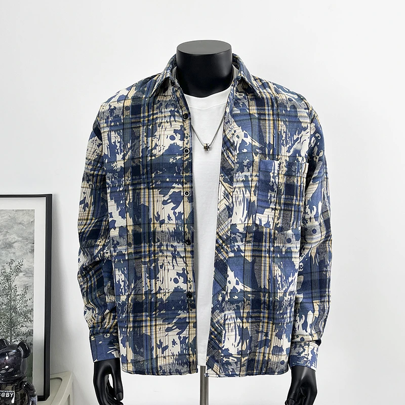 2025新款美式宽松刺绣扎染长袖衬衫男女同款复古格子衬衫潮流百搭