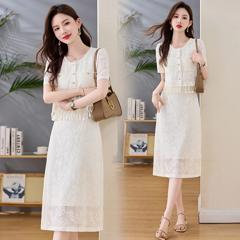 2025年夏季新款时尚显瘦洋气百搭蕾丝套裙名媛风气质短袖收腰裙子
