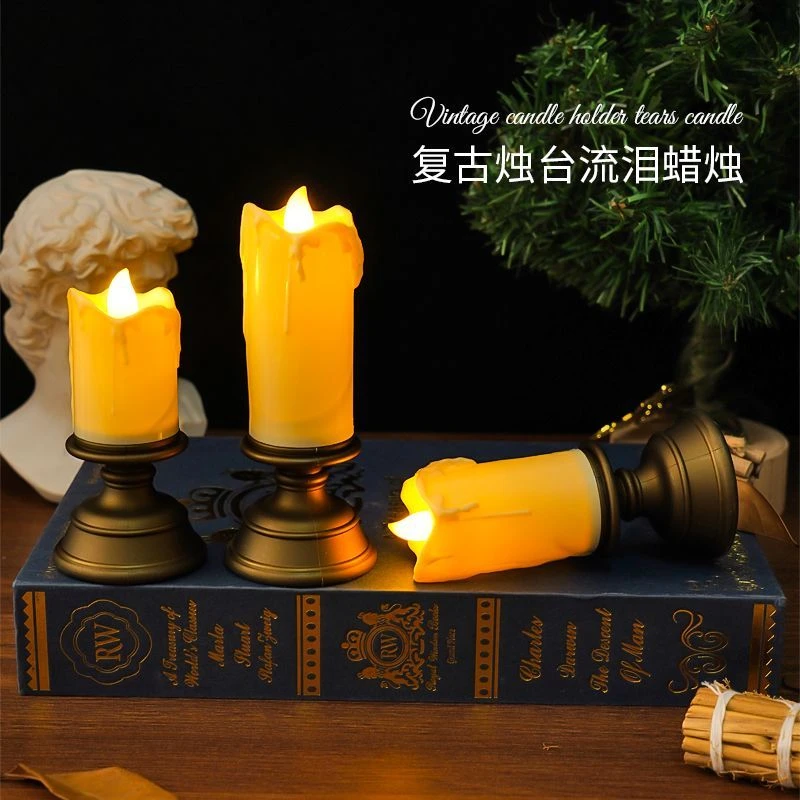 复古烛台蜡烛灯流泪蜡烛小夜灯卧室摆件氛围感装饰品电子蜡烛夜灯